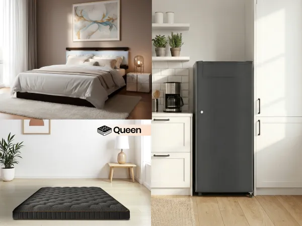 Crest Queen Size Double Bed With Premium Foam Mattress Queen Size (78 x 60 x 4 inches) With Single door fridge